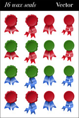 Sixteen green and red colored wax seals with red and blue ribbons