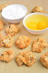 Fototapeta premium Cereal cookies on a wooden panel with ingredients
