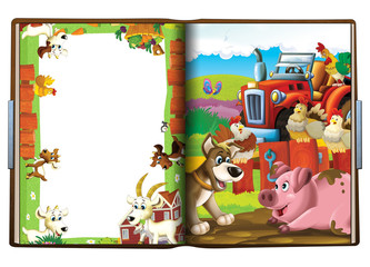 Cartoon image - isolated - illustration for children - dog and pig are playing - hens with rooster looking in the background - farm machinery