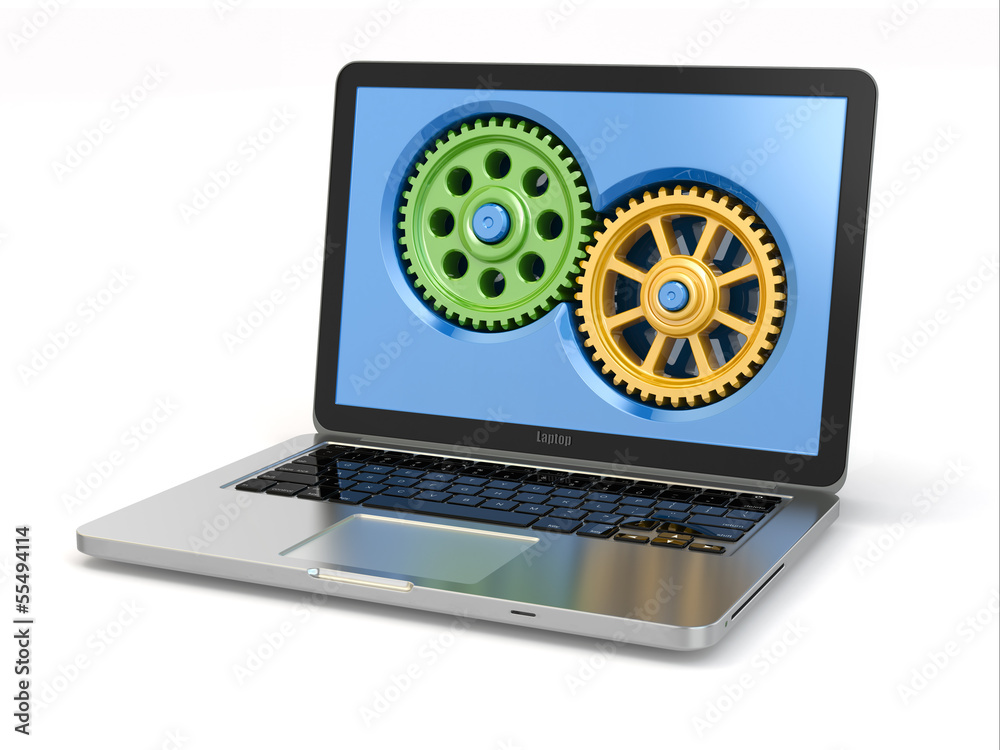 Poster system properties concept. laptop and gears.