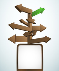 brown wooden signpost with blank label and direction vector
