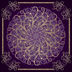 Golden oriental round ornament on a purple background