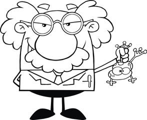 Black And White Mad Scientist Or Professor Holding A Frog