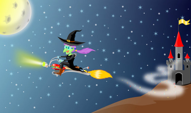 Witch fly with motor bloomstick  from her castle