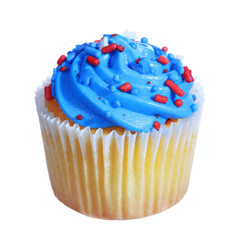 cupcake with blue cream on top. patriotic decorated, isolated