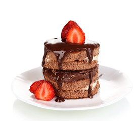 Chocolate cake with strawberry isolated on white