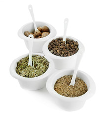 Assortment of spices in  white  bowls,