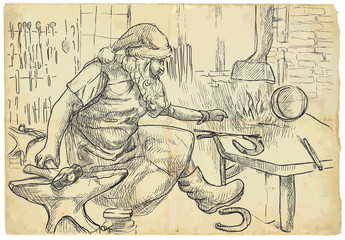 Santa Claus in the smithy manufactures horseshoes