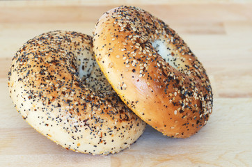 Bagels on wooden cutting board