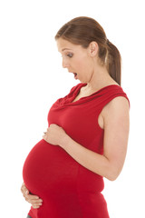 Pregnant woman red shirt side shock down