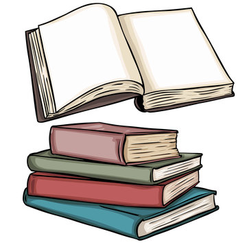 vector illustrations: blank open book and stack of books