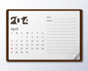 April 2014 Calendar, Vector illustration.