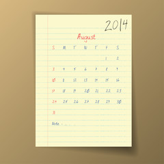 Calendar 2014 August in sketch style on notebook sheet.