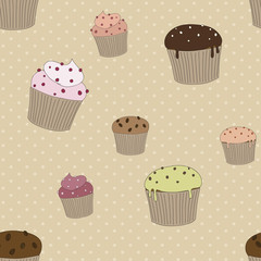 Vintage illustration with cakes on old background. 