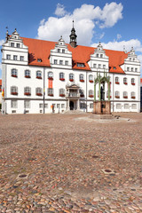 Rathaus Lutherstadt Wittenberg mit Luther-Denkmal