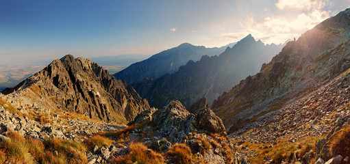 Fototapeta premium Sunset in mountains view from Lomnicke sedlo in High Tatras, Slo