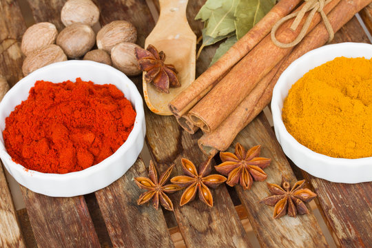 colorful spices of curry and red pepper