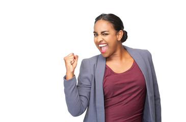 Portrait of a happy young woman celebrating with fist pump
