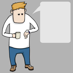 Waiting funny cartoon man speech bubble, vector illustration