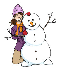 happy cartoon girl with a snowman