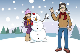 Two kids, playing in the snow building snowman