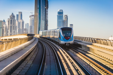 Naklejka premium Dubai Metro. A view of the city from the subway car