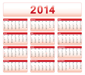 2014 Calendrier français rouge de bureau avec jours fériés.