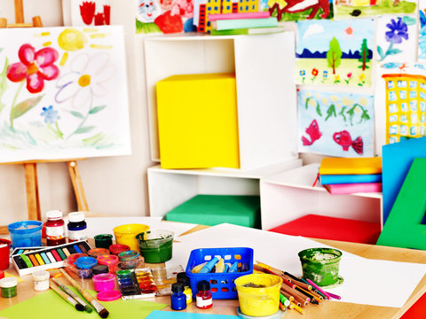 School interior with paint and crayon.