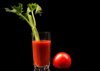 Tomato juice with celery and some fresh tomato