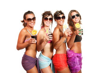 four girls fun with a drink, portrait in studio,