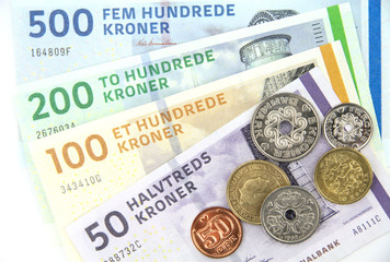 Danish kroner, coins and banknotes.