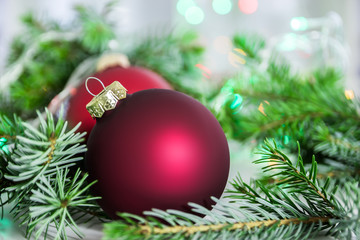 Closeup of christmas balls and christmas tree