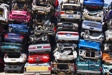 Discarded Junk Cars Piled Up After Crushing - obrazy, fototapety, plakaty