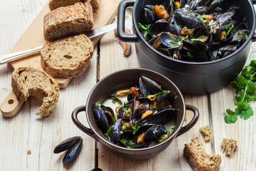 Closeup of freshly cooked mussels at home