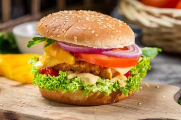 Homemade burger made ​​from fresh vegetables and chicken