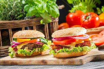 Two homemade burgers made ​​from fresh vegetables