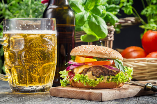 Homemade Burger And A Cold Beer