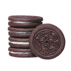 Oreo. Chocolate cookies with cream filling tower isolated