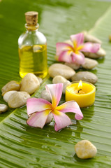 Obraz na płótnie Canvas Massage oil with candle and Plumeria and stone on banana leaf