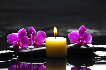 Three red orchid with yellow candle and therapy stones