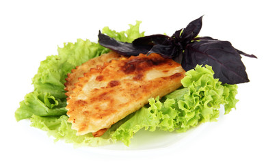 Tasty chebureks with fresh herbs on plate, close-up