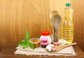 Group of  cooking set against wooden background