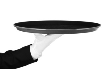 Empty tray in hand waiter isolated on white