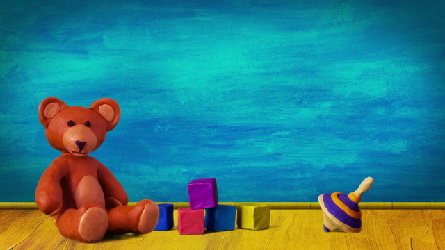 Children's room with bear, cubes and peg-top 2
