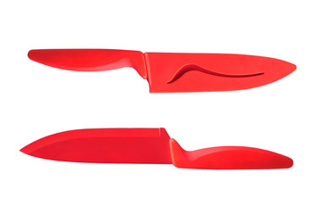 Red ceramic knives with scabbard isolated on white background