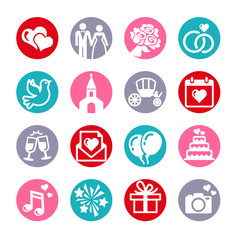 16 web icons set. Wedding, bride and groom, love, celebration.