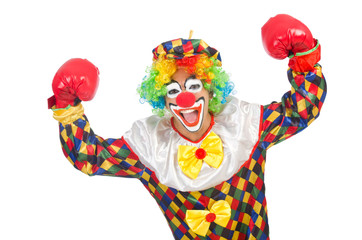 Clown with boxing gloves isolated on white