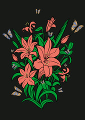 Illustration of bouquet of lilies with butterflies