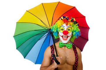 Clown with umbrella isolated on white