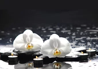 Foto op Aluminium still life with two white orchid on black pebbles © Mee Ting